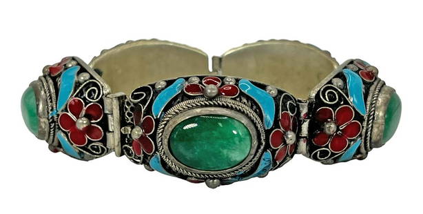 Chinese Jadeite & Enameled Sterling Bracelet: Chinese hand enameled sterling silver and jadeite cabochon link bracelet. Signed in calligraphy to each link. Dimensions: 8” Long x 1” Wide. Total Weight: 62.75 grams. Provenance: Private