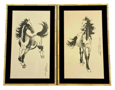 Pair of Xu Beihong Framed Horse Scroll Prints: Xu Beihong (China: 1895 - 1953) pair of scroll woodblock prints on paper mounted in bamboo style frames. Sheet Size: 15-3/4" W x 27-3/4" H. Each Frame: 21-1/8" W x 33-1/4" H. From a Stuart, FL