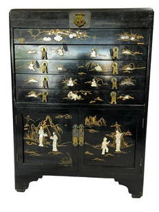 Vintage Chinese Hand Painted Lacquer Cabinet Chest: Vintage Chinese hand painted lacquer cabinet chest. Crafted with figural mother of pearl and bone inlay, gilt trim, brass hardware. Featuring a top hinged fitted utensil storage, four pull out