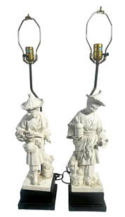 Pair of Chinese Blanc-de-Chine Porcelain Figures: Pair of Chinese Blanc-de-Chine porcelain figures mounted as lamps. Circa: 20th Century. Each measures approx. 34" Tall (with base). Provenance: Private Collection: Palm Beach, FL. Shipping: