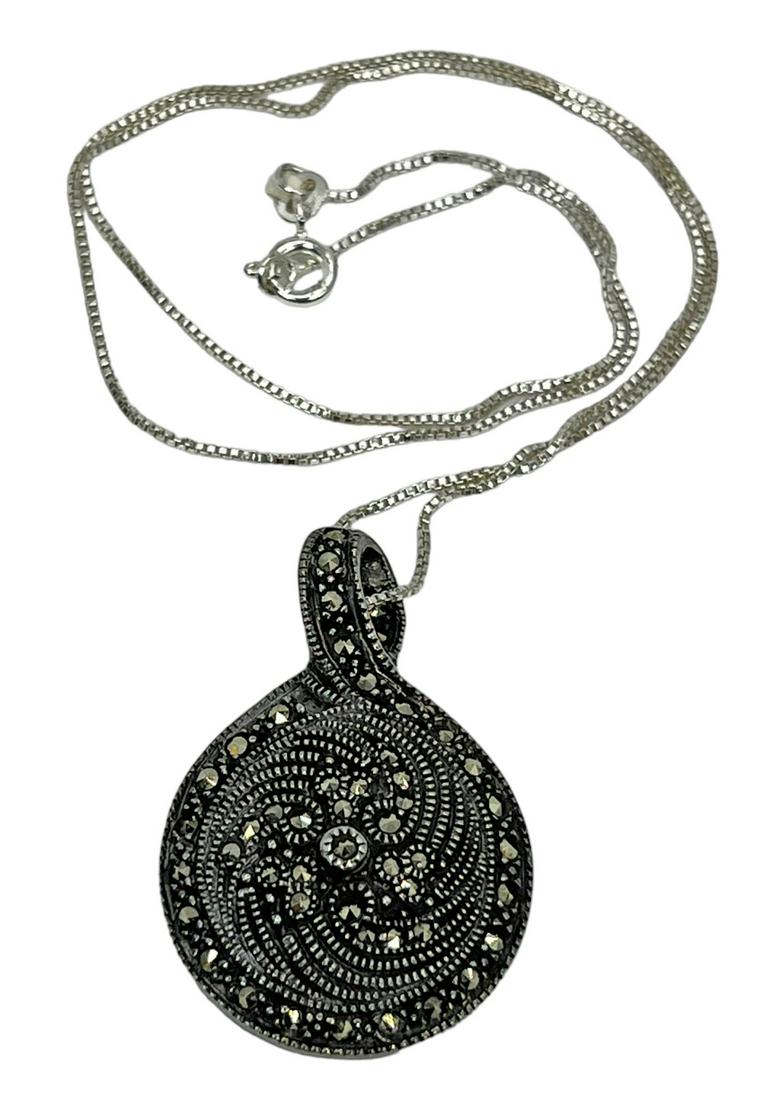 Sterling Silver Onyx & Marcasite Pendant w/ Chain (1 of 1)