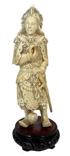 Antique Chinese Hand Carved Bone Warrior Figure: Antique Chinese hand carved bone figure of a warrior with sword and armor in a Mudra stance atop a dark rosewood base. Measures: 10-3/4" Tall x 4" Wide (Base). Bone: 9-1/4" H x 3" W x 2-3/4" D.
