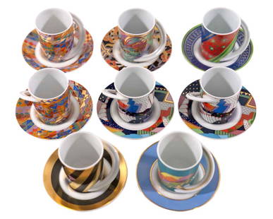 Rosenthal Studio Expresso "Cupola" Cups & Saucers: Set of eight (8) Rosenthal Studio-Line espresso "Cupola" cups in the Sammeltasse pattern. Designed by artists Brigitte Doege, Barbara Brenner, Yang, Nanny Still McKinney, N. Akeren and Bjorn Wiinblad.