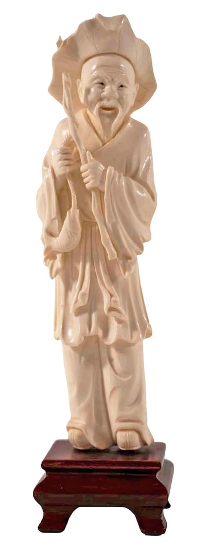 Antique Chinese Hand Carved Bone Medicine Man: Antique Chinese hand carved bone figure of a medicine man with staff. Dimensions: 2" W x 6" H + 1-5/8" W x 1" H Base. Shipping: Purchaser local pick-up by request/appointment available for all items. 