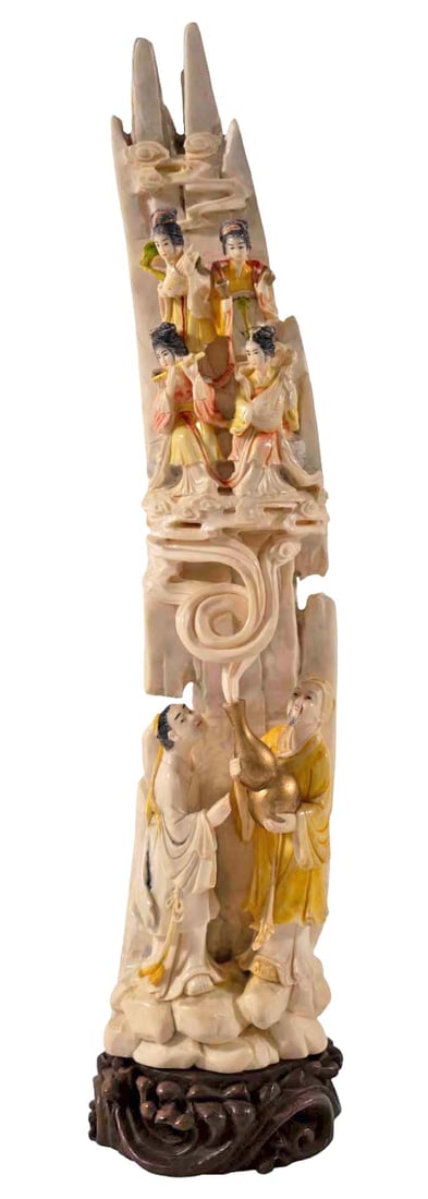 Antique Chinese Hand Carved Bone Grouping: Antique Chinese carved bone grouping depicting two wise man releasing incense upward towards four geisha girls, accented throughout with gilt hand painting. Dimensions: 3-1/2" W x 15" H + 4" W x 1-1/2