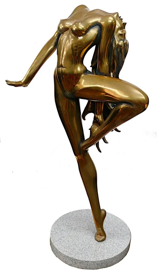 Tom Bennett "Sun Dancer" Bronze Sculpture 60" Tall: Tom Bennett (American: B. 1928) rare life-size, 5ft tall patinated bronze sculpture atop a round marble base of a female nude figure in pose titled "Sun Dancer". Bears hand engraved signature and numb