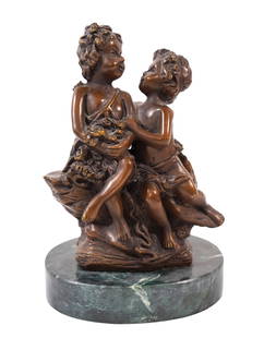 After Auguste Moreau Nouveau Bronze Sculpture: After Auguste Moreau (France: 1834 - 1917) art nouveau style bronze sculpture of a young boy courting a young seated girl holding a bouquet of flowers. Mounted atop a round green marble base. Dimensio