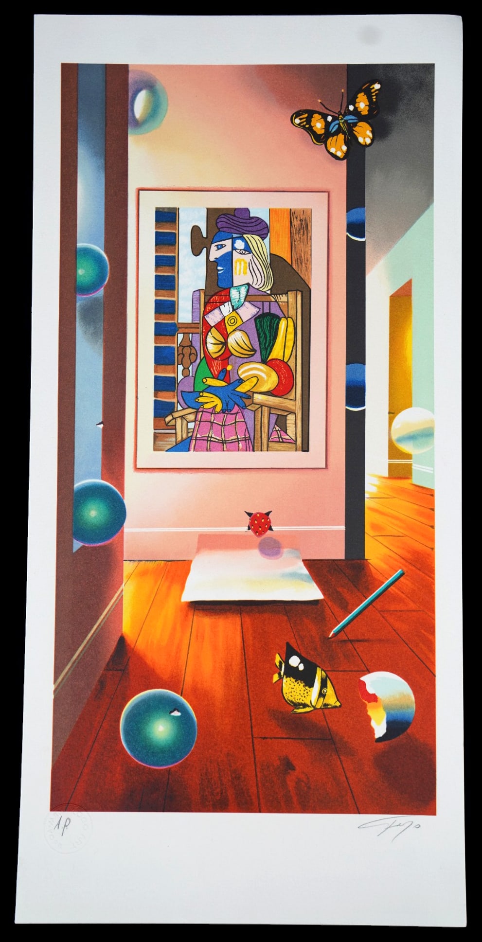 Ferjo "Cubist Room" Artist Proof Color Lithograph: Fernando de Jesus Oliveira (United States/Brazil: B. 1946) lithographs in colours on paper tiled "The Cubist Room". Hand signed and A.P. edition in pencil lower margin. Image size approx 19-1/2" x 9-3