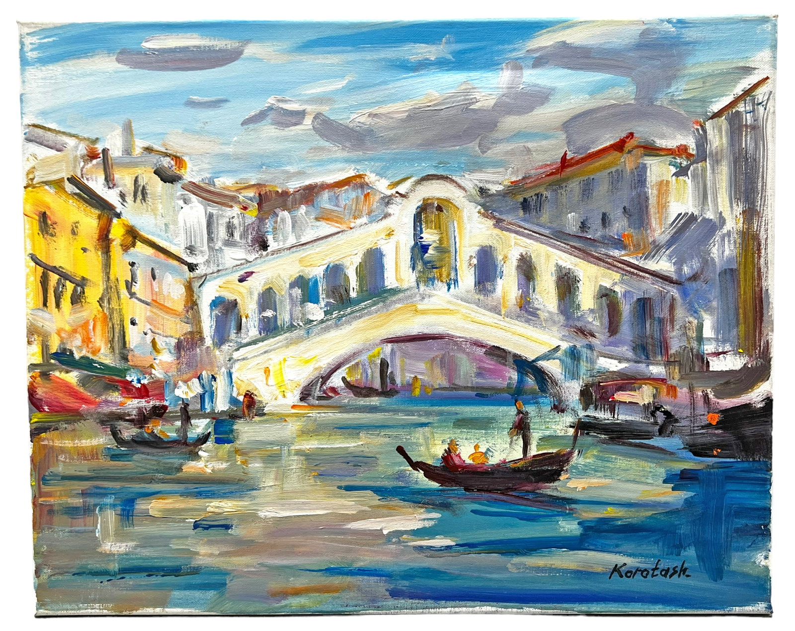 Ihor Korotash Landscape Oil Painting on Canvas: Ihor Korotash (United States/Ukraine: B. 1957) contemporary oil painting on canvas depicting a Venice canal scene titled "Italy". Hand signed to lower right. Titled and dated to verso. Date: 2018. Dim