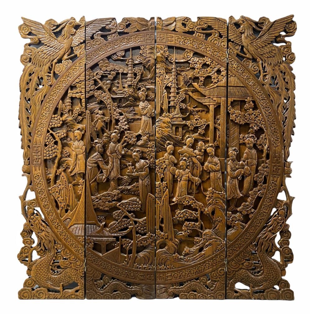 Vintage Singaporean Hand Carved 4 Panel Screen (1 of 7)