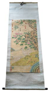 Antique Chinese Hand Painted Silk Scroll: Antique Chinese hand painted silk scroll depicting cranes hunting along a riverside underneath a lotus tree. Bears red calligraphic chop marks throughout. Scroll: 84" Long x 35" Wide. Painting: 50-1/2