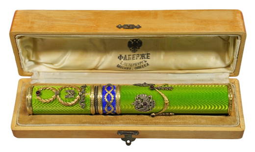 Faberge 14K Guilloche Jeweled Cigar Tube: Russian 14 karat gold, jeweled royal cigar holder hand crafted with a green & cobalt blue guilloche ground; and decorated with coat of arm emblems amongst reticulated chased acanthus leaves. Accented