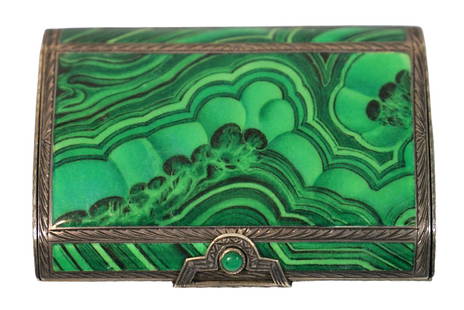 Russian 800 Silver & Malachite Trinket Box: Russian silver hinged pill/trinket box beautifully crafted with malachite inlay and a gold washed interior. Hallmarked 800 & 84 to interior along with silversmith's signature. Dimensions: 3" L x 2-1/8