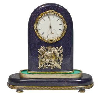 Russian 84 Silver & Lapis Lazuli Desk Clock w/Key: After Faberge, Russian hand carved lapis lazuli key wind desk clock. Designed with a chased 84 silver mounting and military applique accented with a turquoise guilloche and accented with rose cut diam