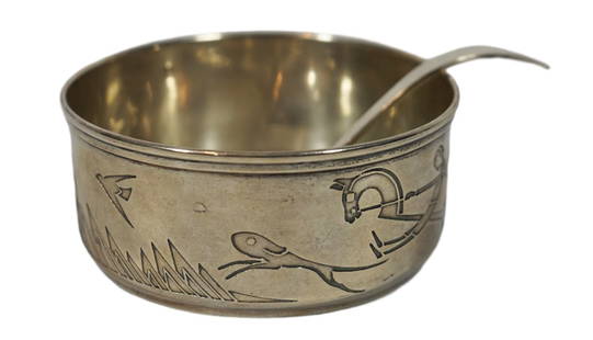 Sterling Silver Scenic Bowl & Modern Ladle: Lot to include (1) incised sterling silver bowl depicting a boy and girl on wooden horseback with their pet dog chasing a bird in a landscape setting. (1) modernist sterling silver ladle/spoon. The bo