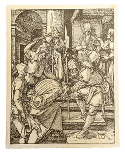 Albrecht Durer "Christ Before Annas" Woodcut: Albrecht Durer (German: 1471 - 1528) antique biblical woodcut on laid paper titled "Christ Before Annas" Circa: 19th Century. Plate initial signature to lower right. Bears watermark to center. Sheet: