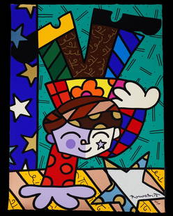 Romero Britto "Upsidedown Too" Silkscreen: Romero Britto (United States/Brazil: B. 1963) silkscreen in colours on gesso panel titled "Upsidedown Too". Date: 2001. Hand signed and numbered to lower right. Edition of 100 proofs worldwide. Measur