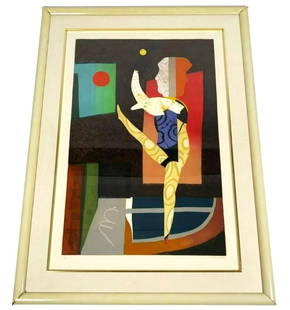 Max Papart "Hello Broadway" Aquatint & Carborundum: Max Papart (France: 1911 - 1994) Aquatint and carborundum in colours on embossed woven Arches paper depicting a cubist acrobat/dancer under the sun and moon. Titled: "Hello Broadway, 1981". Hand signe