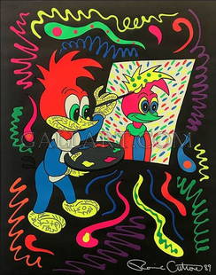 Ronnie Cutrone Putting Your Face On (Embellished): Ronnie Blaise Curtis Cutrone (American: 1948 - 2013) hand embellished color serigraph on black woven paper titled "Putting Your Face On". Featuring a version of Walter Lantz's character Woody The Wood