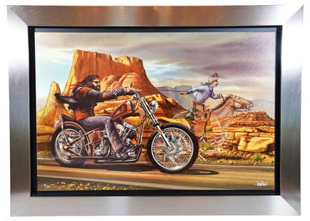 David Mann "Ghost Rider (Pony Express)" Giclee: David Mann (American: 1940 - 2004) original giclee on canvas titled "Ghost Rider (Pony Express)". Perhaps Mann's most recognized work, as "Ghost Rider" addorned the cover of Harley Davidson Magazine.