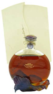 A. Hardy & Cie "Perfection" 750ml French Cognac: Perfection - a French 750ML sealed cognac by A. Hardy & Cie encased in a pate de verre crystal leaf form bottle by Daum. Hand etch signature and edition number to crystal. Edition: 226/300. Comes with