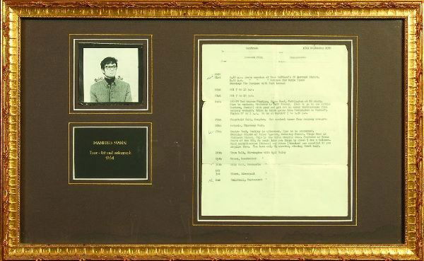 * Manfred Mann tour itinerary and autograph, 1964: An itinerary for the period 21st September-2nd October 1964, dated 18th September from Kenneth Pitt (who discovered David Bowie). Matted with a black and white photograph signed by Mann and a descript