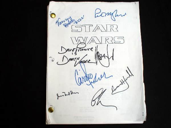 Star Wars signed script: Signed by Dave Prowse, Mark Hamill, Carrie Fisher, Harrison Ford and other principal cast members.