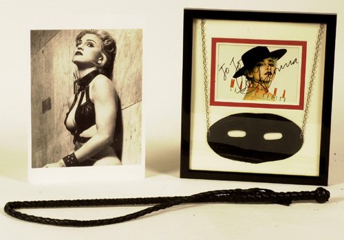 Madonna signed pic and worn mask and Whip.