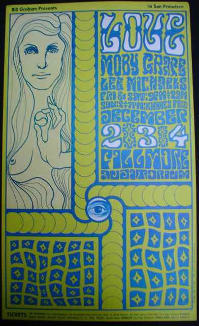A poster for BGP (40) featuring Love and Moby Gr: A poster for BGP (40) featuring Love and Moby Grape at the Fillmore West 1966. Artwork by Wes Wilson. First printing.