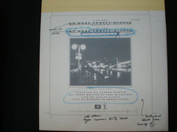 Paul McCartney No More Lonely Nights The Artwork: Paul McCartney No More Lonely Nights The Complete Production Artwork A fantastic historical Complete Collection The artwork includes the 12" and seven inch front design and the seven inch proof for th