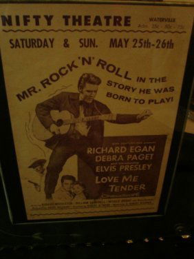 Elvis Presley 1956 A Bevelled and Engraved Mirror: Elvis Presley 1956 An original bevelled and engraved vintage mirror mounting a vintage handbill showing Elvis previewing Love Me Tender at the Nifty Theatre Waterville measuring 13x11" gbp150-200