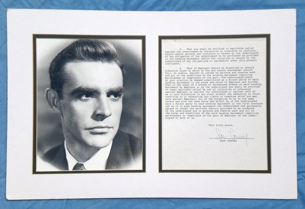 Contract (part of) signed by Sean Connery: The last page of an engagement contract clearly signed in blue pen by The James Bond and legendary actor Sean Connery.