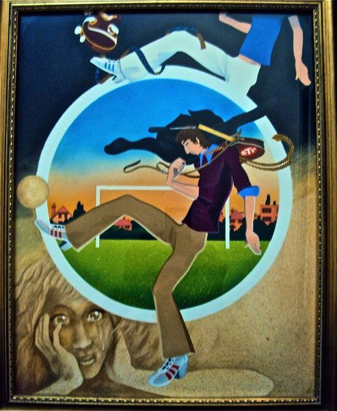 The WHO Substitute by John Davis, Original: Substitute by John Davis, an original painting commissioned by Roger Daltrey and Pete Townsend for the Book ' A Decade of The Who' . The painting depicts a vignette of a sorrowful looking Townsend kic
