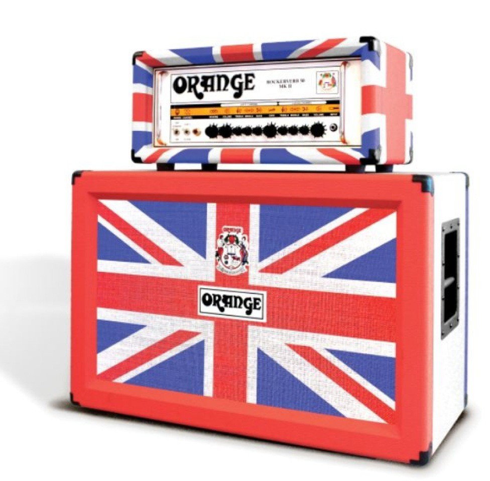 Orange Ltd Edition Union Jack Amp & Speaker MAJ LOT: Kindly donated by Orange Music Electronic Co Inc. This is the Limited Edition Union Jack covering of the Orange Rockerverb 50 MkII head and 2x12 cab. Only 50 sets were made for worldwide distribution 