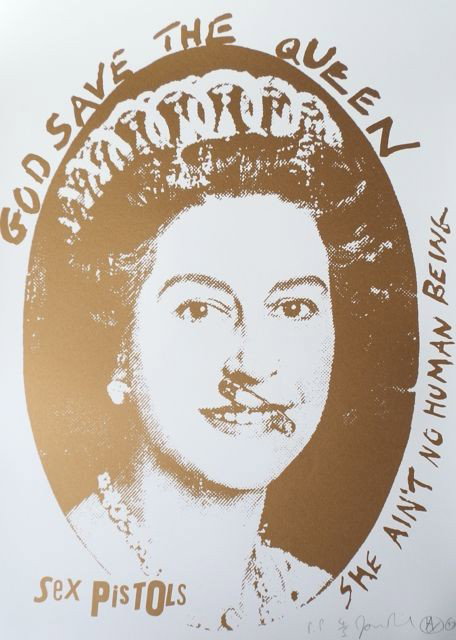 Sex Pistols God Save The Queen signed by Jamie Rei: A large limited edition print of the Pistols Iconic'God Save the Queen'image is sepia tone, designed and signed by Jamie Reid boldly in pencil 1998. measuring approx. 29"x40"