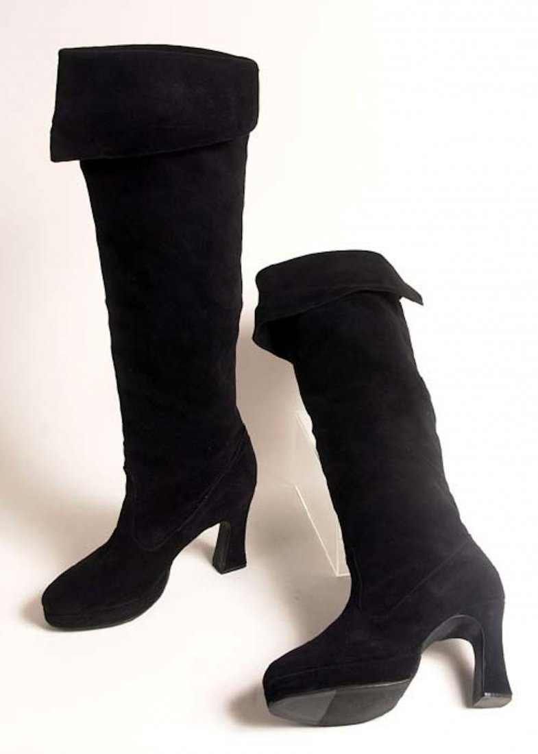 Fleetwood Mac / Stevie Nicks boots: Stevie Nicks’ black custom suede boots worn during the Bella Donna rehearsals in Houston Texas 1981 with a signed Bella Donna dressing room pass and hospitality pass. Estimate £300/400