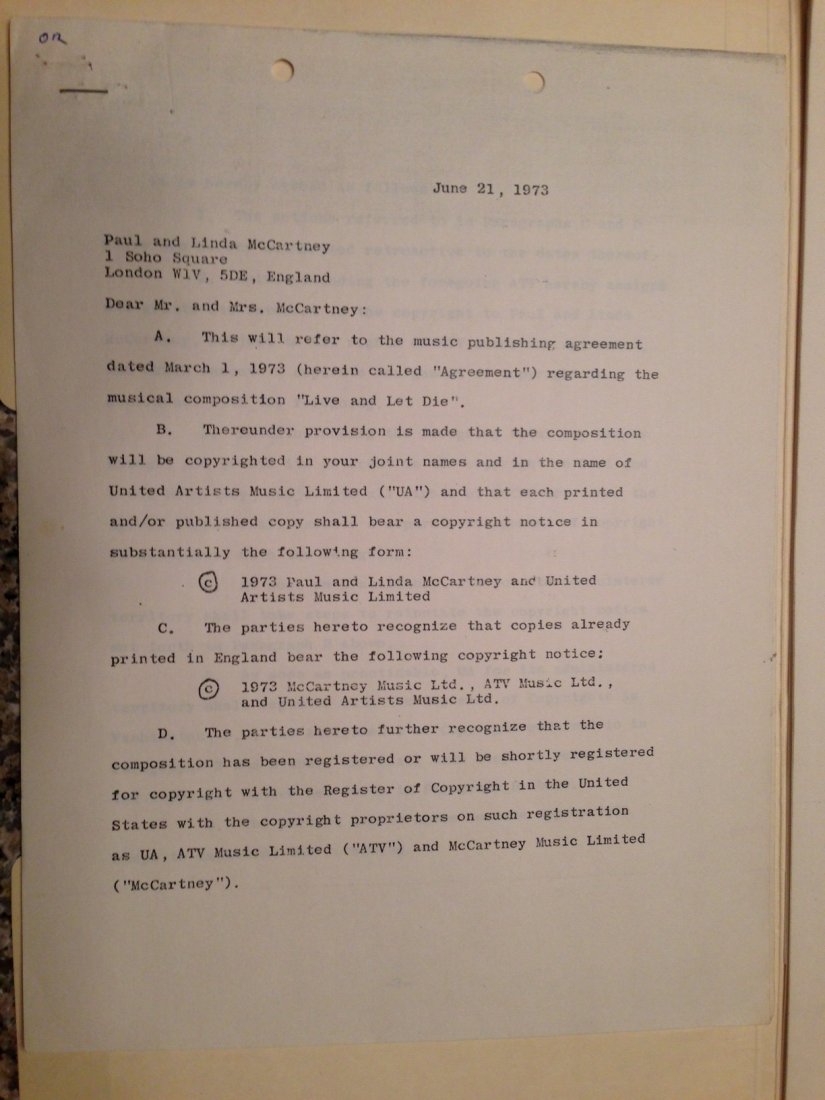 Paul & Linda McCartney signed royalties agreement: Paul & Linda McCartney, 3 Page writers royalties publishing agreement signed by Paul McCartney & Linda Eastman McCartney. (Refer to Department) Estimate £800/1,200