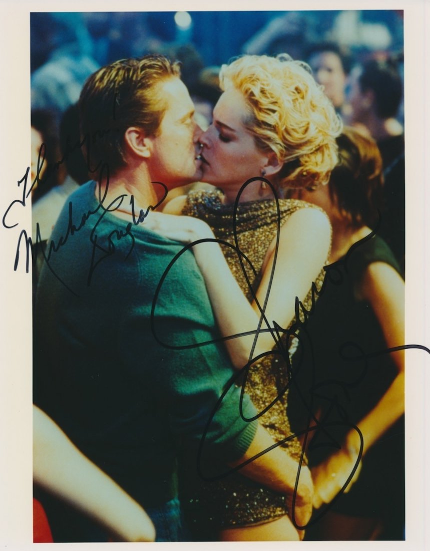 Michael Douglas & Sharon Stone Autographed photograph: Michael Douglas & Sharon Stone Autographed ‘Basic Instinct’ publicity photograph. Signed in blue sharpie in excellent condition D. 8 x 10”
