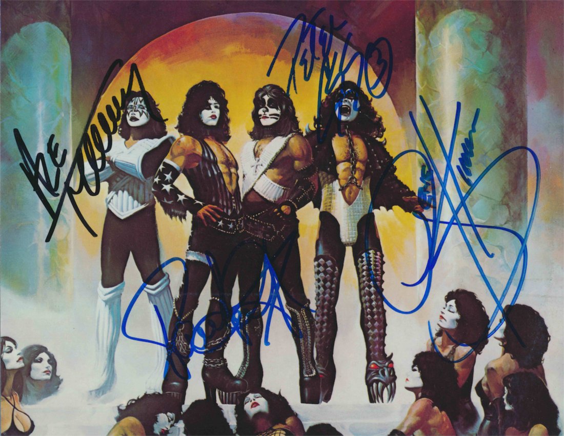 Kiss signed photograph: Kiss Gene Simmons, Peter Criss & Ace Frehley Autographed publicity photograph. Signed in blue sharpie. In excellent condition. D. 8 x 10”