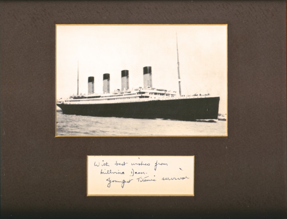 Millvina Dean/Titanic. The signature of the last &: Millvina Dean/Titanic. The signature of the last & youngest person that survived the titanic. Signature mounted with photograph D. 9.25 x 11.25 “
