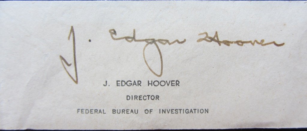 Edgar J Hoover Signature: Edgar Hoover, a cutting from an official FBI notepaper signed in fountain pen J Edgar Hoover