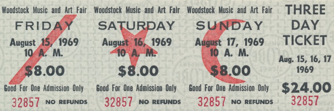 Woodstock $24 three day ticket, August 15th, 16th, 17th: Woodstock $24 three day ticket, August 15th, 16th, 17th 1969 original and in excellent condition