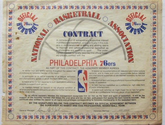 John Lennon Philadelphia 76ers Official Honorary: John Lennon. Philadelphia 76ers. An Official Honorary Members Contract presented to John Lennon in recognition for his support to their Basketball team