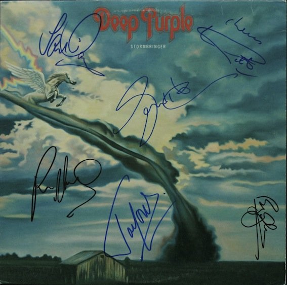 Deep Purple Signed "Stormbringer" LP: Deep Purple autographed ‘Stormbringer' LP. Signed by Richie Blackmore, Roger Glover in black sharpie and John Lord, Ian Paice, Glenn Hughes & Ian Gillan in blue sharpie. Includes record