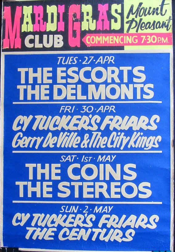 Mardi-Gras Club boxing style poster: Mardi-Gras Club boxing style poster promoting several upcoming nights and featuring artists such as ‘The Escorts’, ‘The Delmonts’, ‘The Stereos’ and others