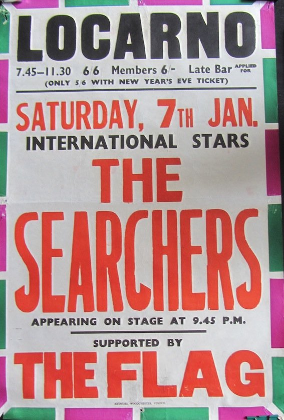 The Searchers Boxing-style poster: The Seachers. A boxing style poster for the Locarno Club advertising the Headlining act ‘The Searchers’ supported by ‘The Flag’ D. 20 x 30”
