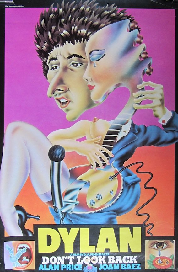 Bob Dylan original'Don't Look Back' promotional poster: Bob Dylan. An original promotional poster depicting a cartoon Dylan promoting the film ‘Don’t Look Back’ D.A Pennebaker designed by Alan Aldridge and Harry Willcock. D. 20 x 30”