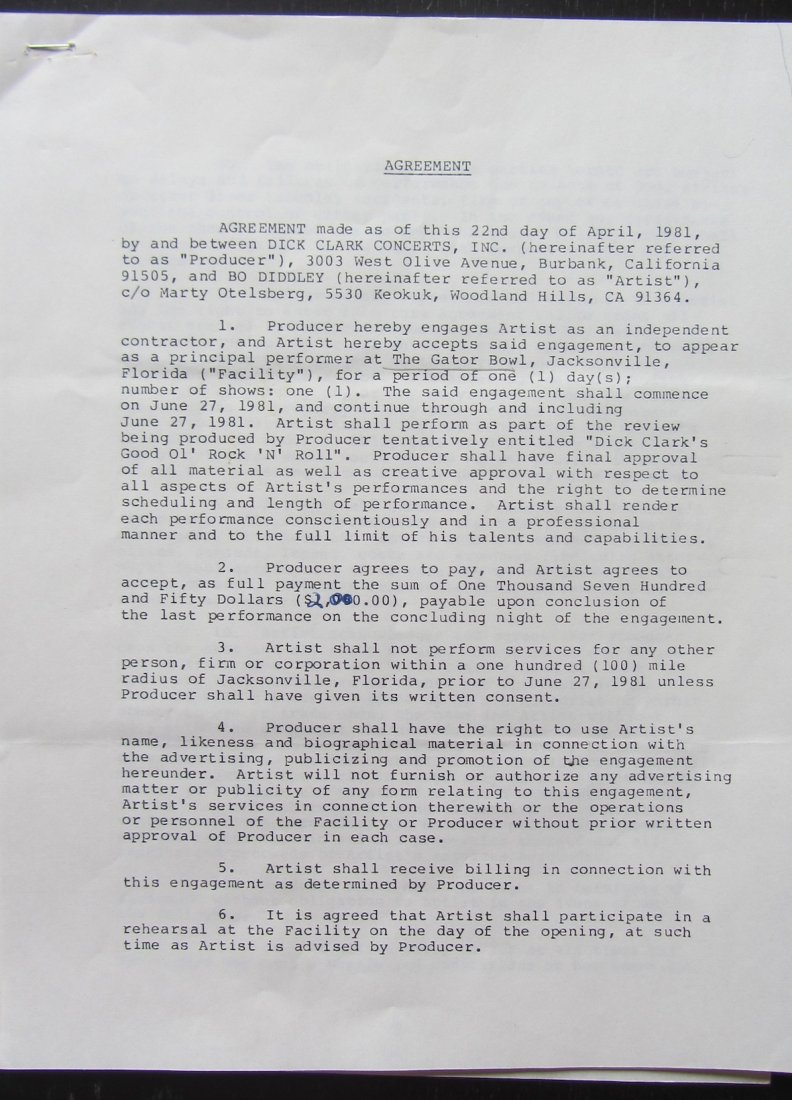 Bo Diddley contract: Bo Diddley. A performance related agreement between Dick Clarke concerts and Bo Diddley regarding shows at The Gator Bowl Jacksonville Florida April 22nd 1981
