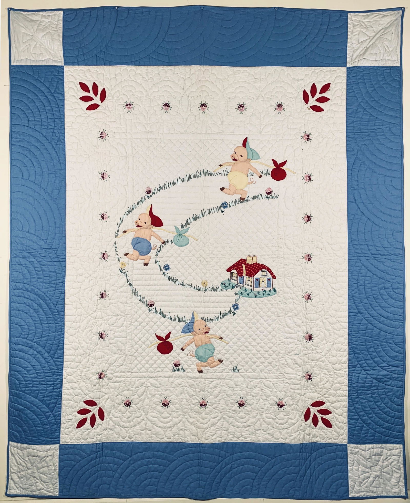 Rare Full Applique Quilt "Three Little Piggies" (1 of 2)
