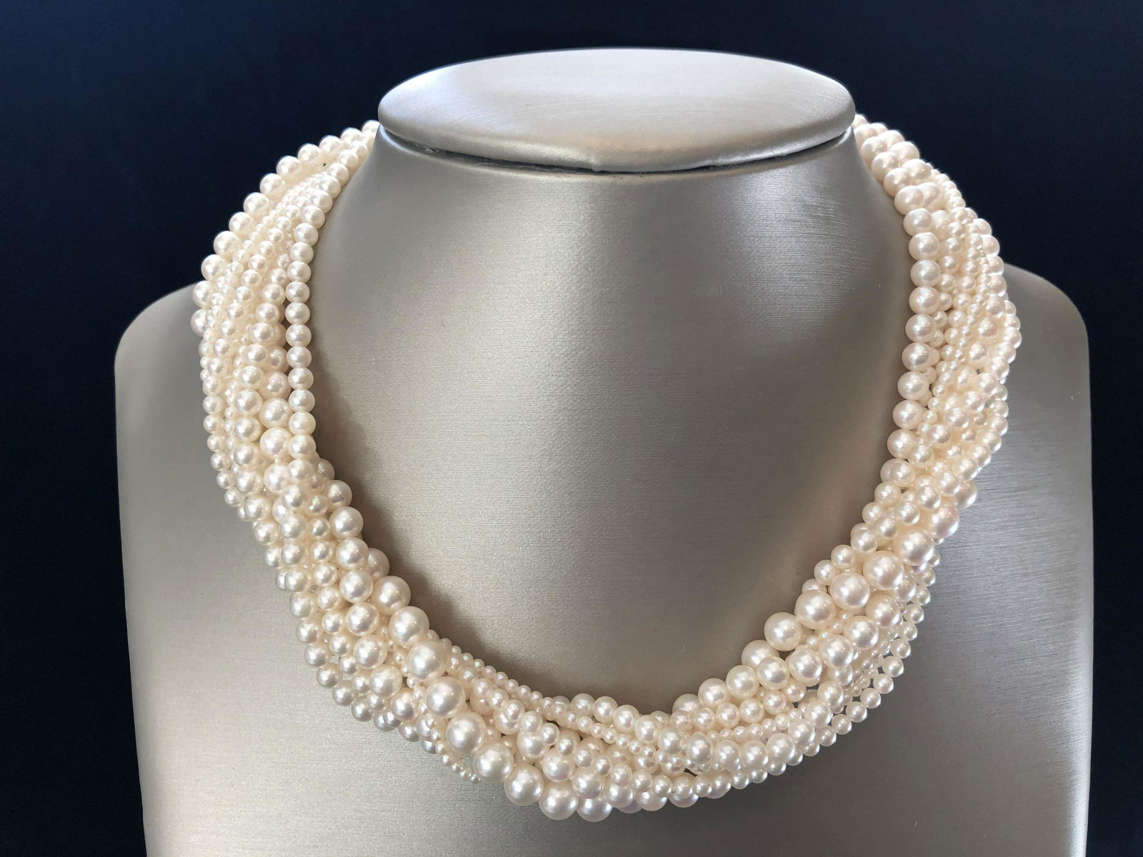 Tiffany & Co. 18K Yellow Gold 11 Strand Pearl Necklace: Tiffany & Co. 18K Yellow Gold 11 Strand White Akoya Pearl Necklace, Beautifully Matched and Excellent Luster The Pearls Range in Size from 1 mm - 6 mm Length 17 ½ in.